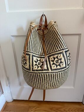 Handmade Black and Natural Woven Drawstring Backpack